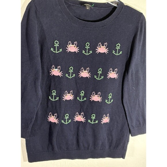 TALBOTS Women Navy Sea Embellished Casual Pink Crabs Green Anchor Medium Sweater - Picture 2 of 5